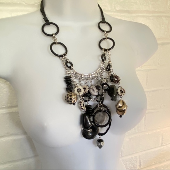 Black White Silver Layered Statement Bead Necklace - Picture 1 of 5